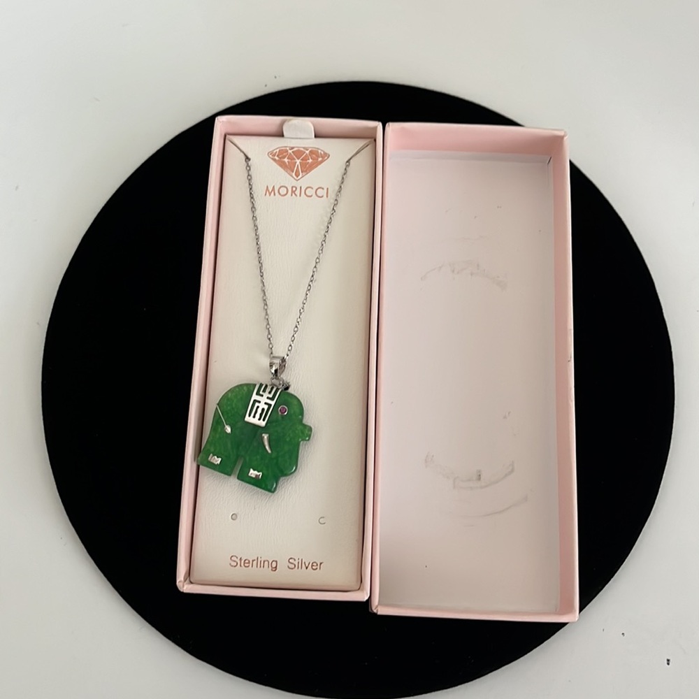 MORICCI Green Jade Carved Red Eye Elephant Pendant Necklace in Sterling Silver